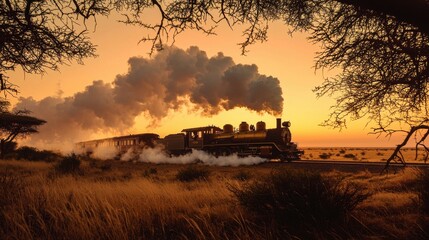 Fototapeta premium African railway historic steam train crossing golden grasslands at sunset in Africa with dramatic sky steam clouds acacia trees wilderness landscape vintage transportation heritage