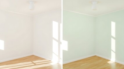 Simple room comparison showing plain walls versus freshly painted walls with natural light.