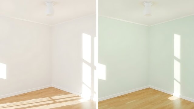 Simple room comparison showing plain walls versus freshly painted walls with natural light.