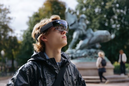 Young person wearing augmented reality glasses at a statue in a public park during a sunny day - Powered by Adobe