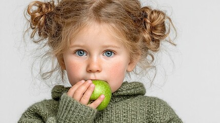 Young girl biting a green apple while standing on a white background.