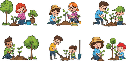 children and adults planting trees, isolated illustration