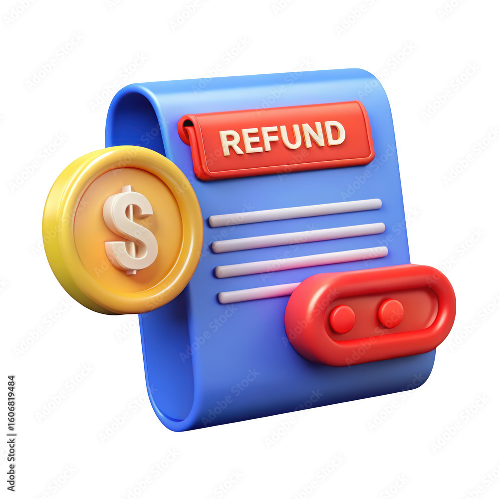 Poster glossy refund icon with dollar coin in 3d rendering illustration for financial transactions and mone