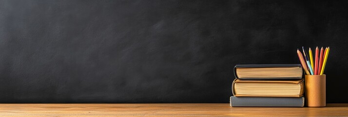 Stacked books and vibrant colored pencils resting on a teacher's desk, positioned in front of a blank blackboard, setting the stage for an exciting school day ahead