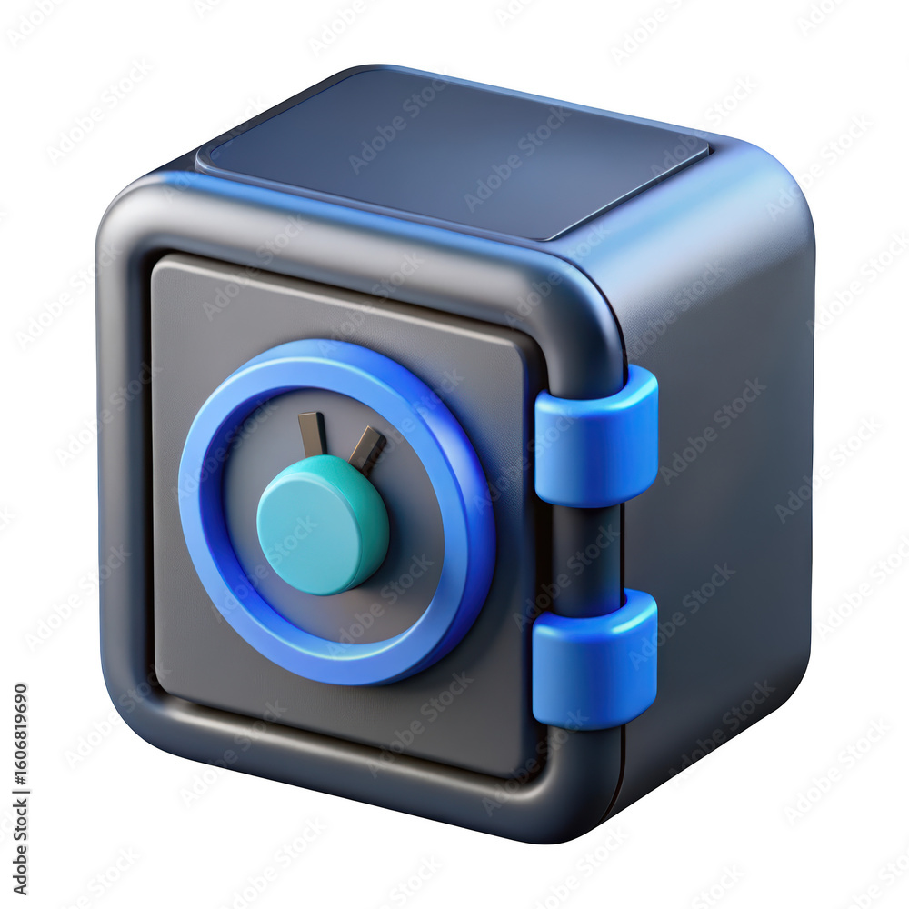 Poster isolated 3d render of a sleek modern safe with combination lock in blue and gray colors on backgroun