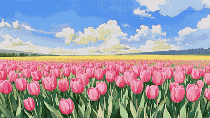 Spring Hush Pink Yellow Tulip field view isolated watercolor vector illustration svg
