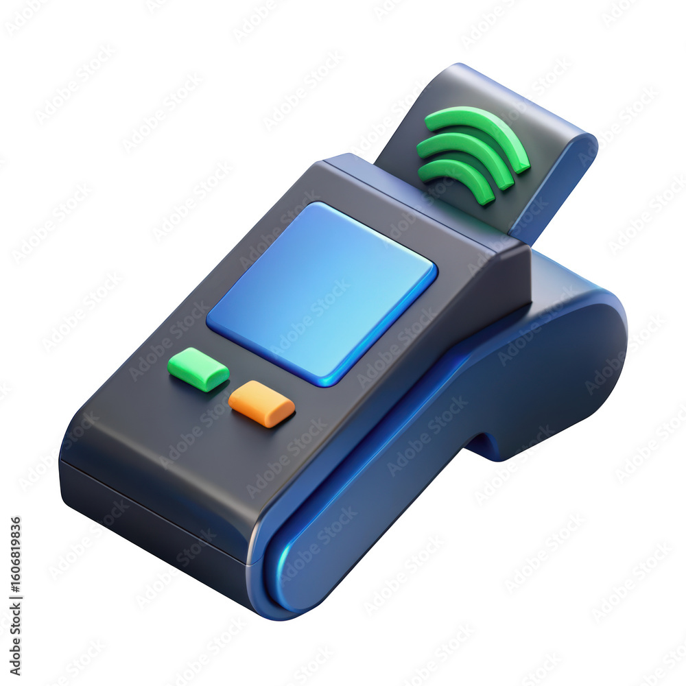 Poster modern payment terminal rendered style contactless payment technology with green wifi symbol isolate