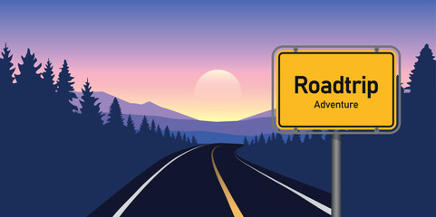 road trip adventure in the forest in mountain landscape vector illustration