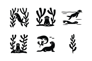 Black silhouette otters swimming and resting among stylized plants seal aquatic