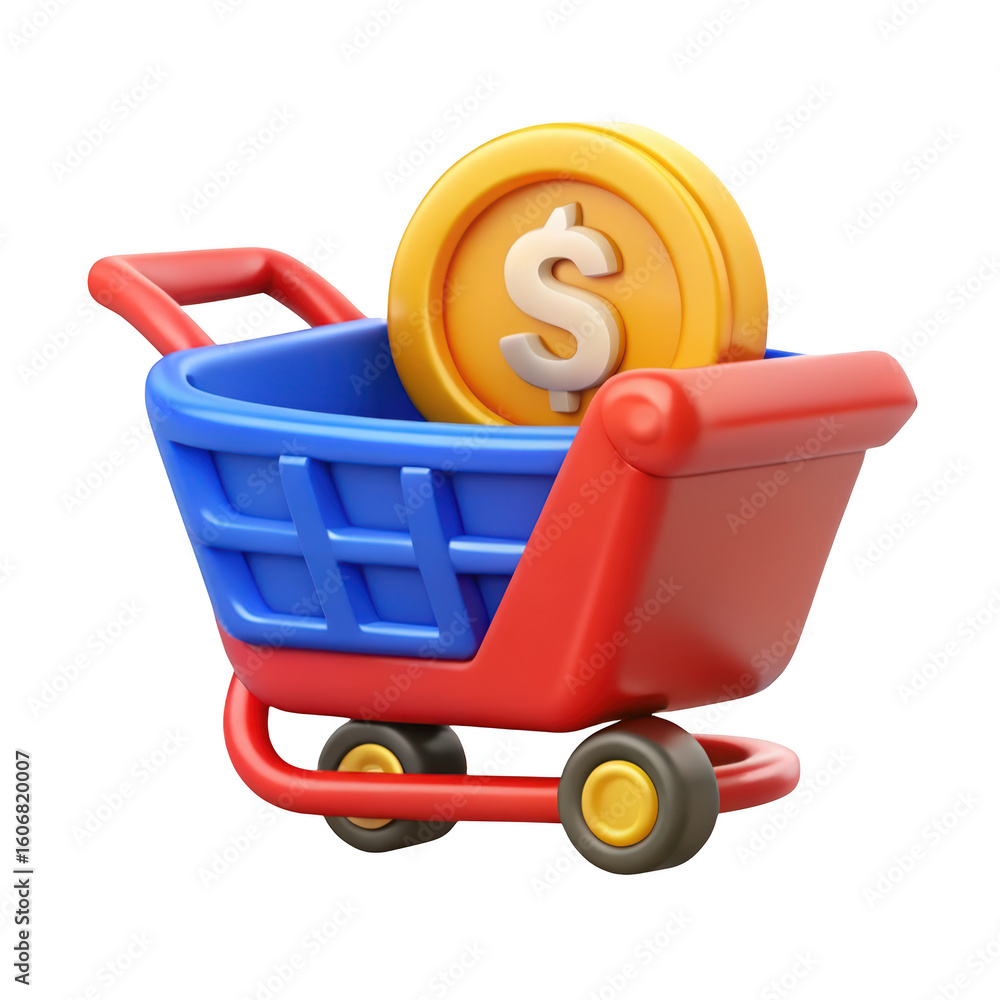 Poster shopping cart with dollar coin investment in commerce financial element 3d rendering isolated over b