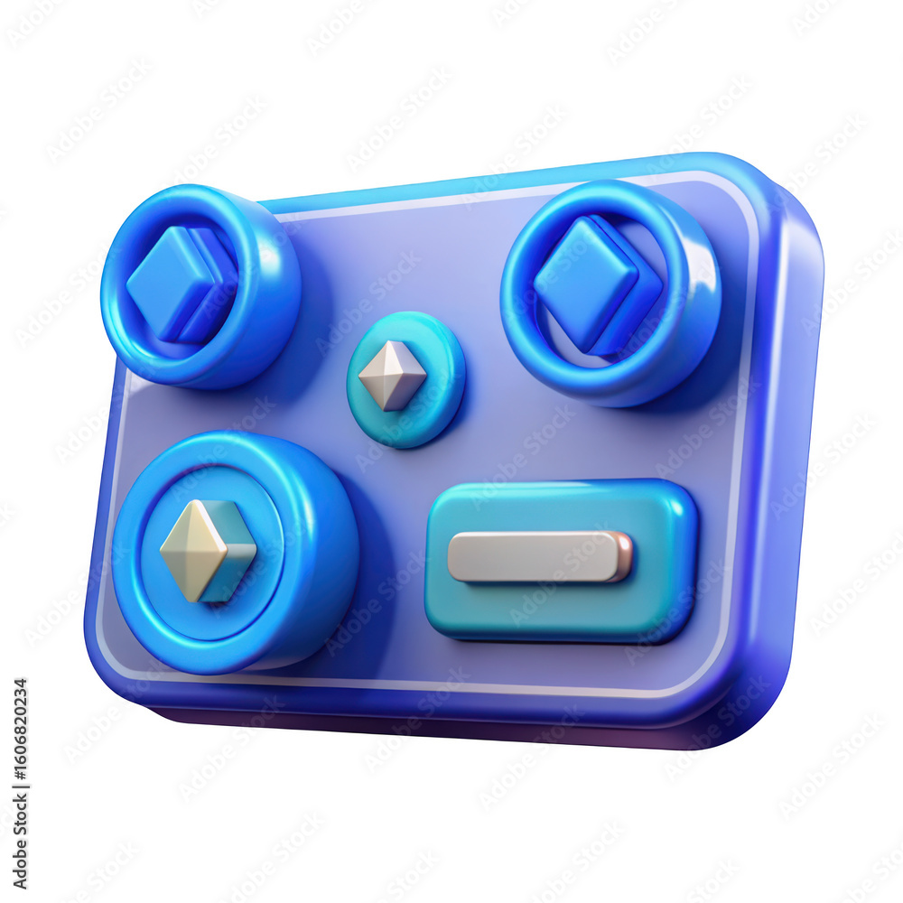 Poster stylized 3d render of a device interface with buttons and a bar in blue colors for user interaction 
