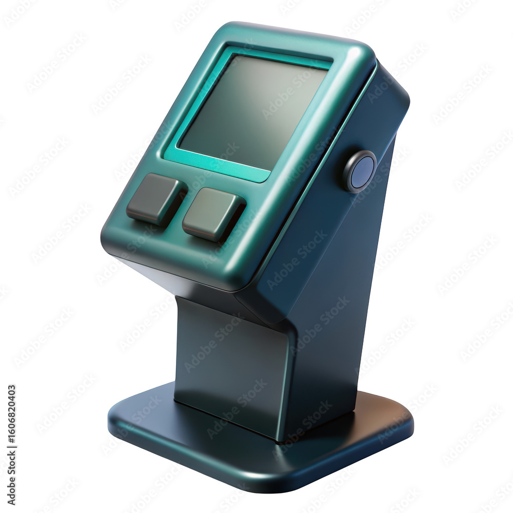 Poster stylized metallic blue payment kiosk with screen and buttons on a background 3d render for ui mockup