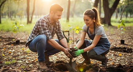 Happy young couple planting a tree together in a forest park during a sunny day. Environmental conservation and reforestation activity.