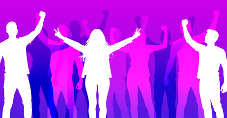 sagome, silhouette, concetto, persone, felici, vittoria, vincenti, successo, 