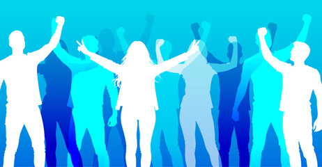 sagome, silhouette, concetto, persone, felici, vittoria, vincenti, successo, 