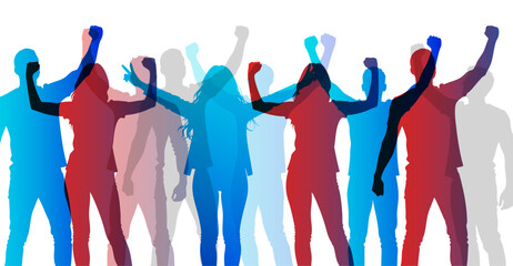 sagome, silhouette, concetto, persone, felici, vittoria, vincenti, successo, 
