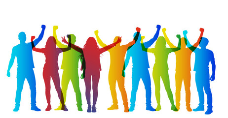 sagome, silhouette, concetto, persone, felici, vittoria, vincenti, successo, 