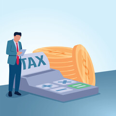 People view tax reports next to a large calculator and gold coins, metaphorical illustrations of tax calculations, financial analysis and