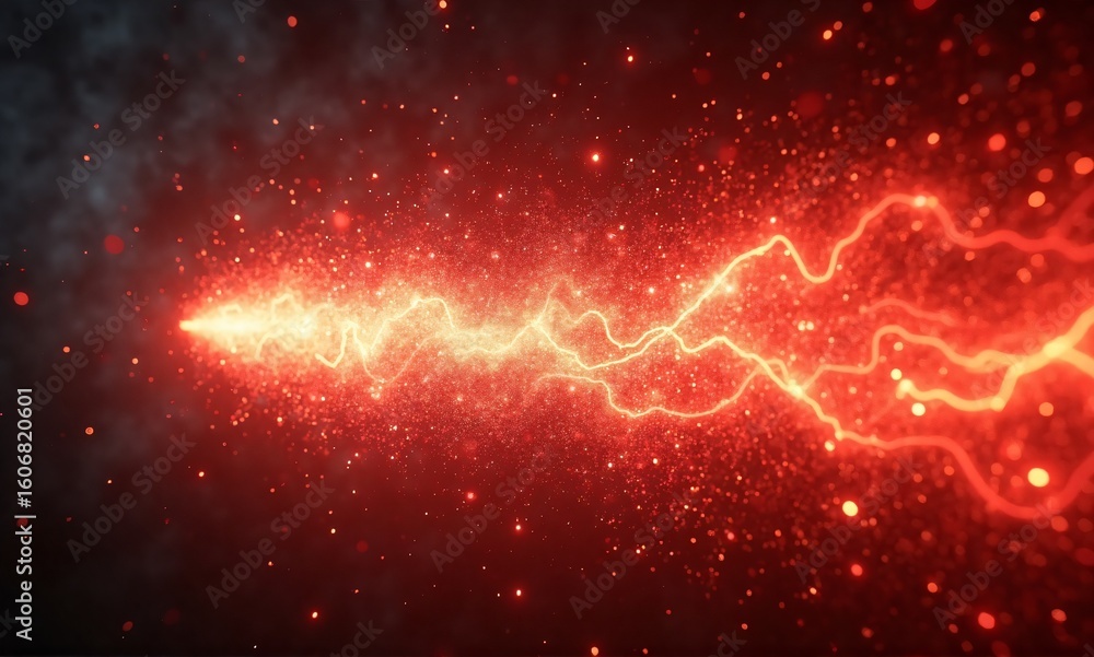 Poster a vibrant red energy beam streaks across a dark, particle-filled background. the beam pulses with in
