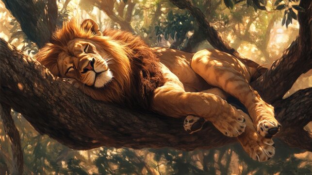 Majestic lion resting peacefully under acacia tree in golden sunlight, african savannah landscape with serene natural wildlife scene
