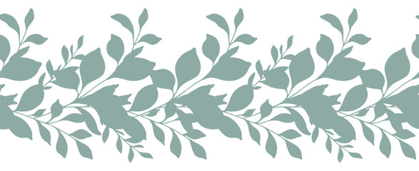Floral Border with Branches and Leaves. Seamless Horizontal Floral Background. Greenery Line Art Drawing. Minimalist Floral Design. Leaf garland seamless. Botanical Border Frame