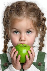 Young girl biting a green apple while standing on a white background.