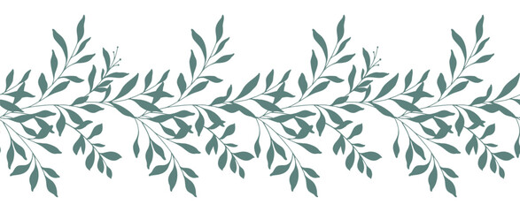 Floral Border with Branches and Leaves. Seamless Horizontal Floral Background. Greenery Line Art Drawing. Minimalist Floral Design. Leaf garland seamless. Botanical Border Frame