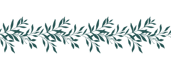 Floral Border with Branches and Leaves. Seamless Horizontal Floral Background. Greenery Line Art Drawing. Minimalist Floral Design. Leaf garland seamless. Botanical Border Frame
