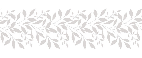 Floral Border with Branches and Leaves. Seamless Horizontal Floral Background. Greenery Line Art Drawing. Minimalist Floral Design. Leaf garland seamless. Botanical Border Frame