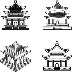 Set of Chinese pagoda Outline vector illustration isolated On Transparent Background