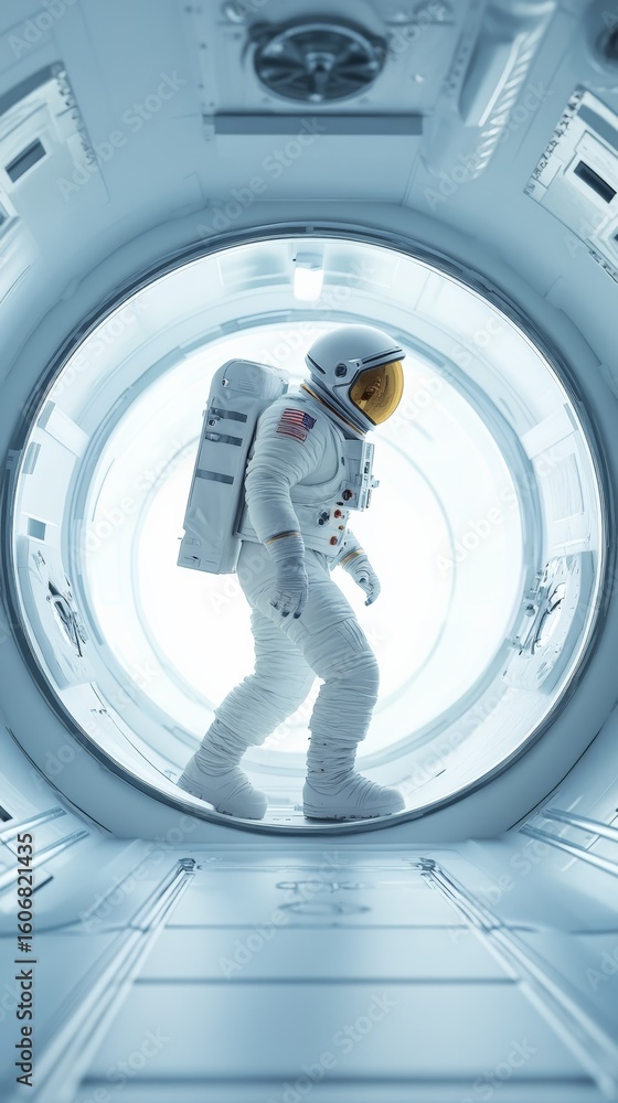 Poster astronaut wearing a spacesuit with an american flag patch walks through a brightly lit circular corr