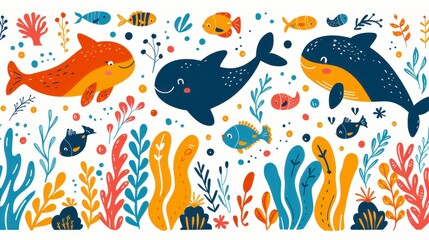 Naklejka premium Cute cartoon illustration of sea life. Fish and dolphins swim amongst colorful coral and plants on a white background