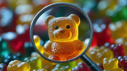 Gummy bear under magnifying glass among colorful candy assortment