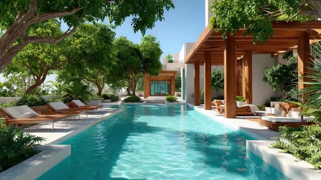 Tranquil Poolside Oasis: An inviting, refreshing aquamarine pool stretches invitingly, bordered by lush greenery, wooden architecture, and comfortable lounging spaces.