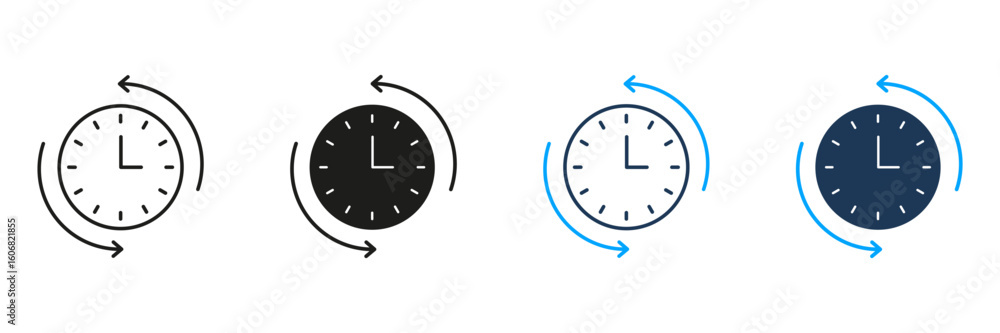 Poster clock with arrows line and solid icon set. time management, scheduling, and process rotation symbol 