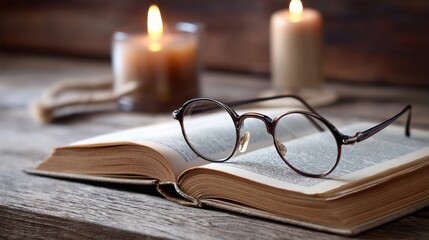 a pair of vintage reading glasses resting on a wooden desk, background includes an open book and flickering candlelight, evoking knowledge, time