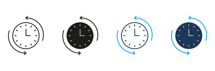Clock With Arrows Line And Solid Icon Set. Time Management, Scheduling, And Process Rotation Symbol Collection. Efficient Workflow And Task Planning. Isolated Vector Illustration