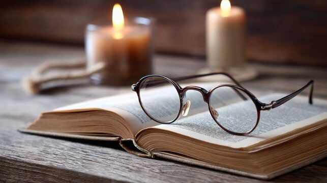 a pair of vintage reading glasses resting on a wooden desk, background includes an open book and flickering candlelight, evoking knowledge, time