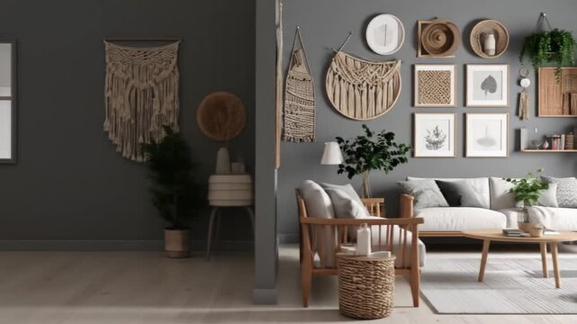 Comfortable Living Room with White Sofa Wood Furnishings Macrame Wall Hangings and Green Plants Against Gray Wall