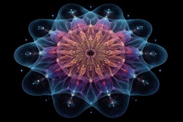 A vibrant and colorful mandala design featuring a flower-like pattern with multiple layers of petals in the center, creating a mesmerizing and futuristic look.