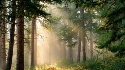 dense forest in early morning covered with golden mist, sunlight breaking through tall trees