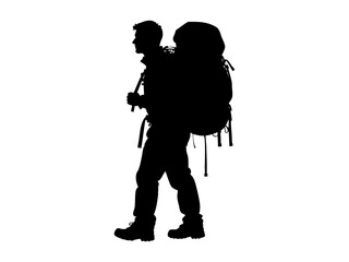 Silhouette of hiker with large backpack and boots, ideal for outdoor, adventure, travel, and hiking related designs and concepts.