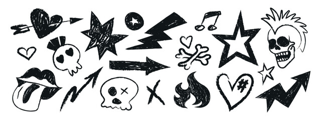 Grunge punk doodle icon set. Hand-drawn skulls, lightnings, arrows, hearts, and flames in crayon and pencil style. Emo, gothic, and rock aesthetic. Charcoal sketch elements for edgy designs and trendy