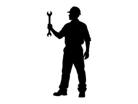 Black silhouette of a man holding a wrench. Suitable for mechanic training materials, repair service brochures, automotive industry presentations.