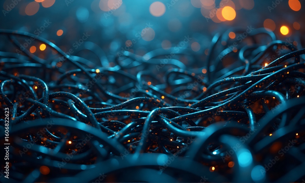 Poster here's the description and keywords: a close-up view showcases a tangle of glowing, dark wires amids