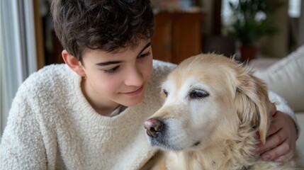 Teenager with autism gently petting a dog, both with calm expressions, soft natural light, message of comfort and connection, inclusive environment
