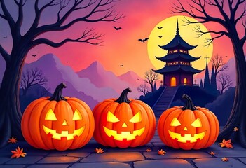 Whimsical Halloween watercolor scene featuring three glowing jack-o'-lanterns near a traditional Japanese pagoda, eerie trees and bats under a colorful spooky sky