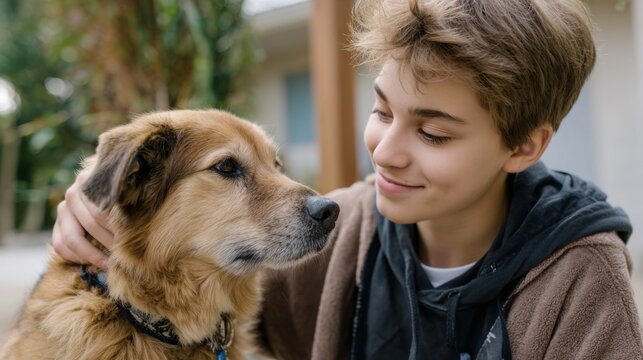 Teenager with autism gently petting a dog, both with calm expressions, soft natural light, message of comfort and connection, inclusive environment - Powered by Adobe