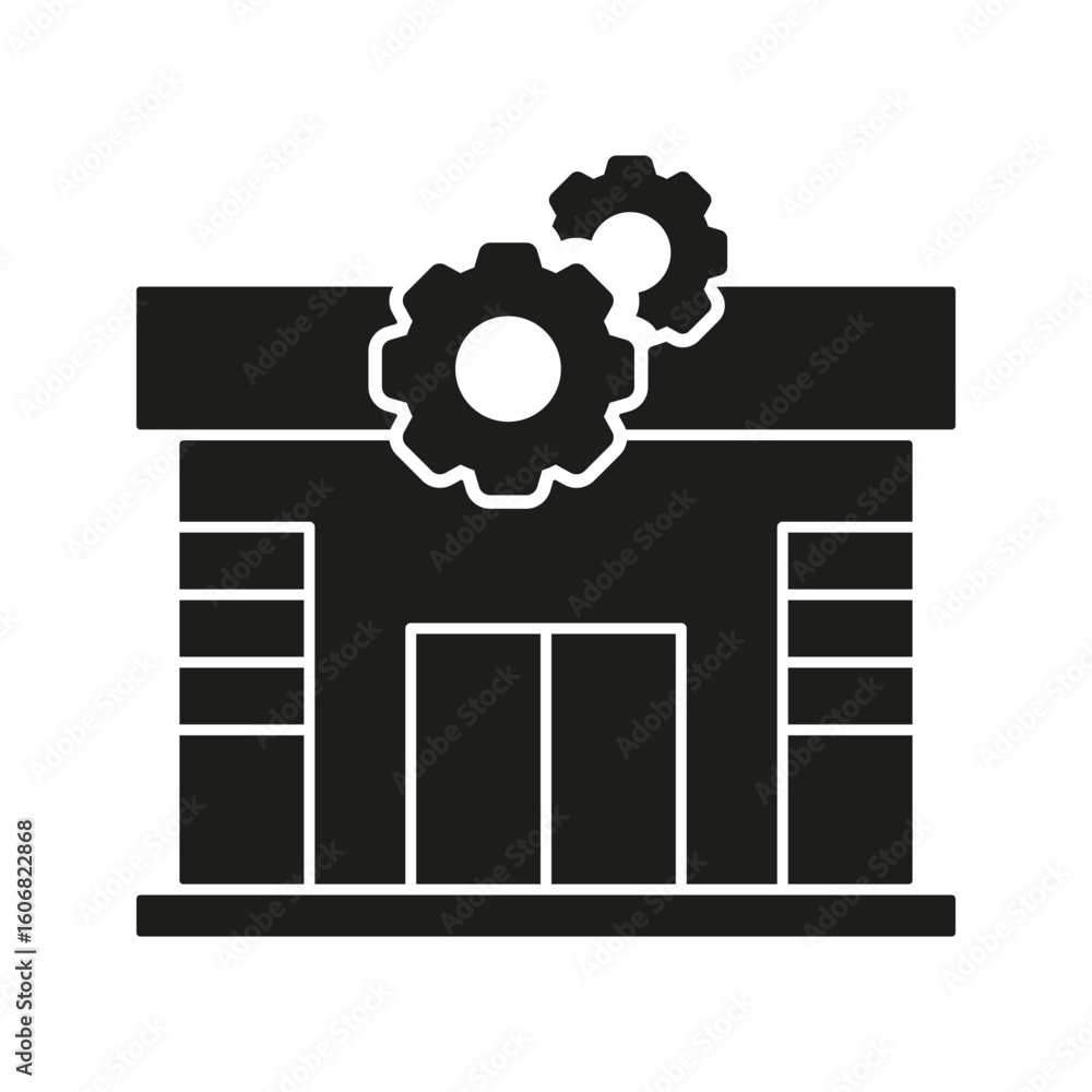 Poster storefront with gears solid icon. retail business optimization and automation silhouette symbol. e-c