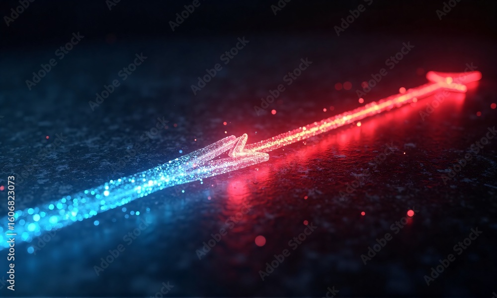 Poster two glowing arrows, one blue and one red, point in opposite directions, creating a visual representa
